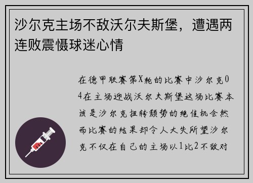 沙尔克主场不敌沃尔夫斯堡，遭遇两连败震慑球迷心情